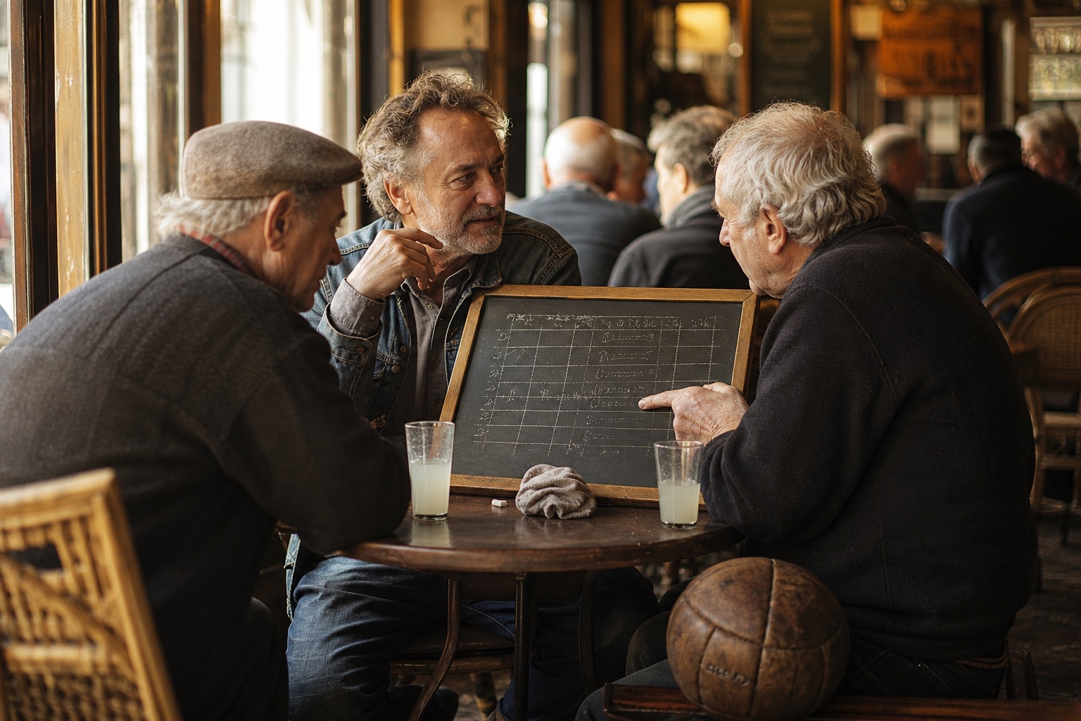 Table de bistrot avec une grande ardoise de pronostics posée entre deux limonades, craie et vieux ballon de cuir sur le banc